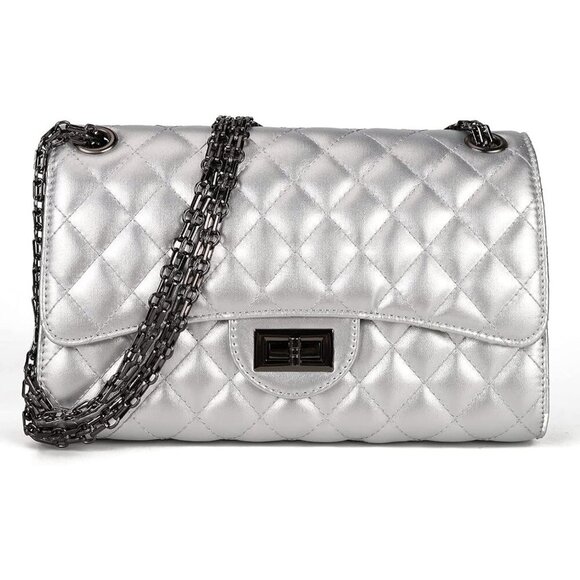 🆕 Women Silver Strap Stylish Clutch Purse Quilted Ladies Chain Crossbody Bags - Picture 1 of 6